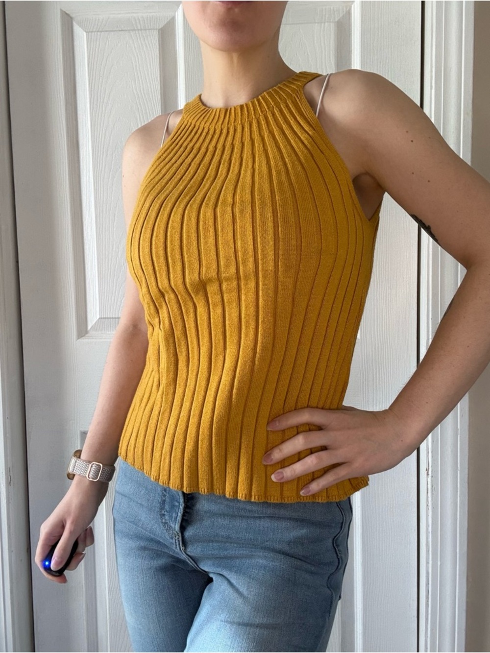 Ribbed Halter Knit Tank Top - Mustard